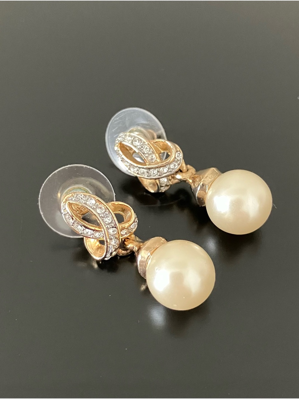 Vintage Gold-Tone Pearl Drop Earrings with Rhinestone Accents